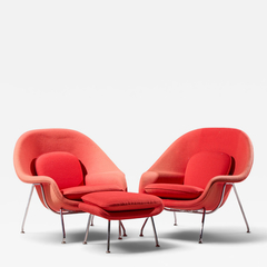 Eero Saarinen Eero Saarinen for Knoll Mid Century Medium Womb Chairs Pair with Ottoman - 4716225