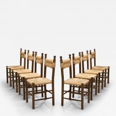 Eight Solid Wood and Straw Dining Chairs Europe ca 1950s - 3383778
