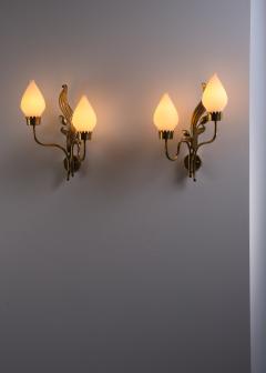 Einar Backstrom Einar B ckstr m pair of brass and opaline glass wall lamps - 2039993