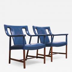 Ejner Larsen Aksel Bender Madsen Pair of Danish Blue Leather Armchairs by Ejner Larsen and Aksel Bender Madsen - 1039698