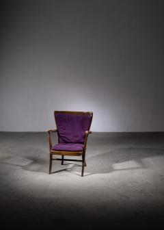 Elegant Danish Wingback Armchair with Warm Deep Purple Cushions - 2517864