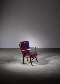 Elegant Danish Wingback Armchair with Warm Deep Purple Cushions - 2517866