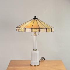 Elegant Faceted White Opaline Glass and Stained Glass Shade Table or Desk Lamp - 4358648