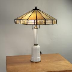 Elegant Faceted White Opaline Glass and Stained Glass Shade Table or Desk Lamp - 4358651