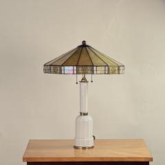 Elegant Faceted White Opaline Glass and Stained Glass Shade Table or Desk Lamp - 4358652