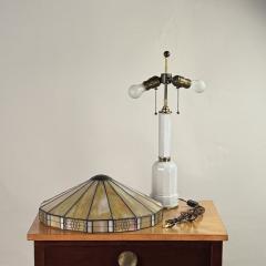 Elegant Faceted White Opaline Glass and Stained Glass Shade Table or Desk Lamp - 4358653