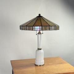 Elegant Faceted White Opaline Glass and Stained Glass Shade Table or Desk Lamp - 4358654