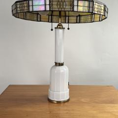 Elegant Faceted White Opaline Glass and Stained Glass Shade Table or Desk Lamp - 4358655