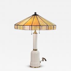 Elegant Faceted White Opaline Glass and Stained Glass Shade Table or Desk Lamp - 4358741