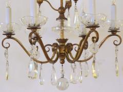 Elegant French 1940s Gilt metal 6 light chandelier with crystal pendants - 1086282