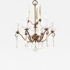 Elegant French 1940s Gilt metal 6 light chandelier with crystal pendants - 1086885