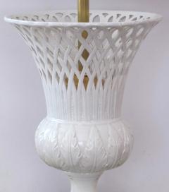 Elegant Pair of Italian White Glazed Basket Weave Urn Form Lamps - 1099711