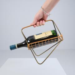 Elegant Scandinavian Mid Century Wine Bottle Holder in Brass and Rattan 1950s - 4304978