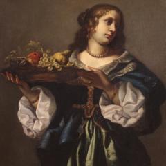 Elegant painting portrait of a lady with a fruit plate 17th century - 3904540