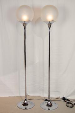 Elio Martinelli Pair of Chrome Floor Lamps with Opal Globe Shades - 2721610