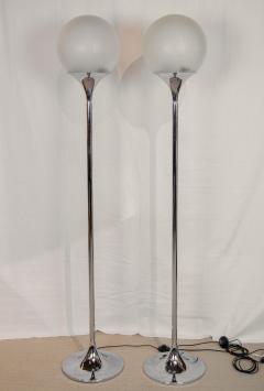 Elio Martinelli Pair of Chrome Floor Lamps with Opal Globe Shades - 2721612