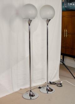 Elio Martinelli Pair of Chrome Floor Lamps with Opal Globe Shades - 2721614