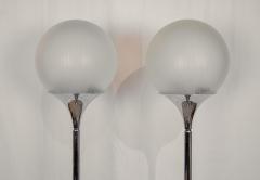 Elio Martinelli Pair of Chrome Floor Lamps with Opal Globe Shades - 2721615