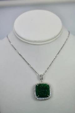 Emerald Carved Pendant Set in Diamond Surround 18K - 3455249