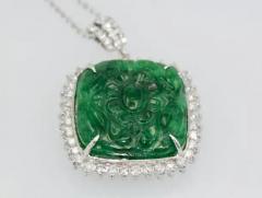 Emerald Carved Pendant Set in Diamond Surround 18K - 3455327