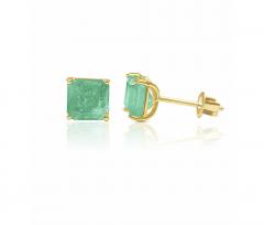 Emerald Cut Natural Emerald Stud Earrings in 18k Solid Yellow Gold - 3772560