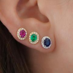 Emerald Ruby Or Sapphire Diamond Halo 1 Carat Stud Earrings in 14K Gold - 3907333