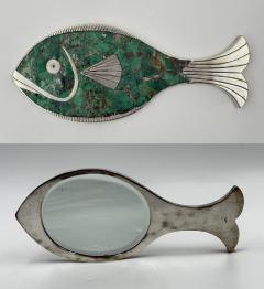 Emilia Castillo Emilia Mimi Castillo Taxco Malachite Silver Plate Fish Hand Mirror 1970s - 4733424