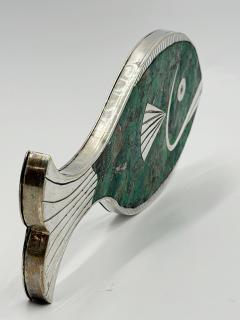 Emilia Castillo Emilia Mimi Castillo Taxco Malachite Silver Plate Fish Hand Mirror 1970s - 4733426