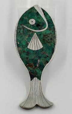 Emilia Castillo Emilia Mimi Castillo Taxco Malachite Silver Plate Fish Hand Mirror 1970s - 4733428