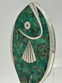 Emilia Castillo Emilia Mimi Castillo Taxco Malachite Silver Plate Fish Hand Mirror 1970s - 4733430
