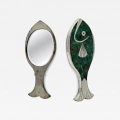 Emilia Castillo Emilia Mimi Castillo Taxco Malachite Silver Plate Fish Hand Mirror 1970s - 4733890