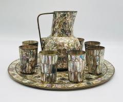 Emilia Castillo Mexican Brass and Abalone Shell Pitcher Set with Tray and Eight Cups 1950s - 4714804