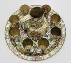 Emilia Castillo Mexican Brass and Abalone Shell Pitcher Set with Tray and Eight Cups 1950s - 4714805