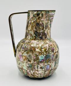 Emilia Castillo Mexican Brass and Abalone Shell Pitcher Set with Tray and Eight Cups 1950s - 4714809