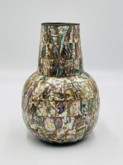 Emilia Castillo Mexican Brass and Abalone Shell Pitcher Set with Tray and Eight Cups 1950s - 4714810