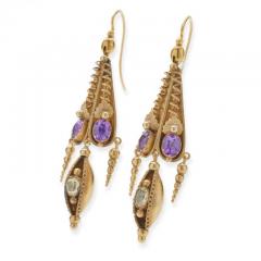 English 15k Gold Amethyst and Green Chrosberyl Pendant Earrings - 3299364