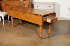 English 1875s Pine Drop Leaf Table with Two Lateral Drawers and Turned Legs - 3491434