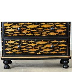 English 19th Century Pine Painted Chest with Fish Decoupage - 4798295