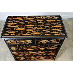English 19th Century Pine Painted Chest with Fish Decoupage - 4798297