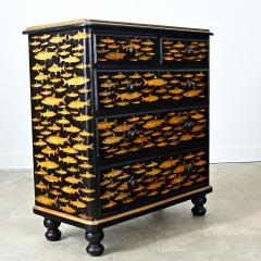 English 19th Century Pine Painted Chest with Fish Decoupage - 4798300