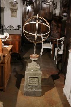 English 20th Century Iron Armillary Held by the Titan Atlas on Stone Pedestal - 3491573