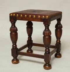 English Arts Crafts Leather and Oak Stool - 663899