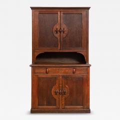 English Arts Crafts Oak Two Part Step Back Cupboard Cabinet c 1920 - 4504241