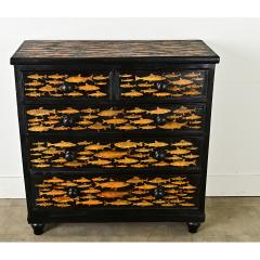 English Ebonized Fish Motif Decoupage Chest - 3807658