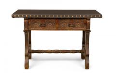 English Jacobean Style Carved Mahogany Leather Top Console Table - 4653139