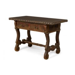 English Jacobean Style Carved Mahogany Leather Top Console Table - 4708412