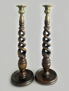 English Oak Open Barley Twist Candlesticks a Pair - 2572445