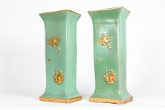 English Pair Glazed Parcel Gilt Porcelain Vases Pieces - 1037691