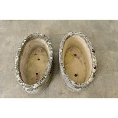 English Pair of 1920s Oval Cast Stone Planters - 4549957