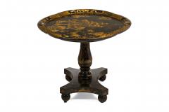 English Regency black lacq pedestal base coffee table with oval chinoiserie top - 4650112